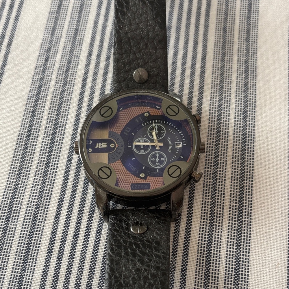Black Leather Strap Watch with Blue Dial